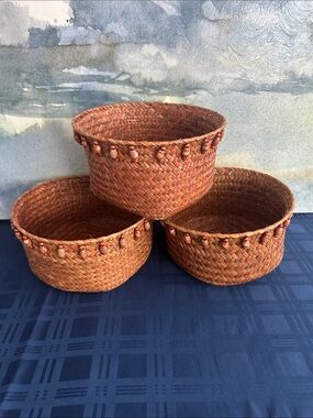 Set of 3 Woven Brown Baskets with Bead Embellishments